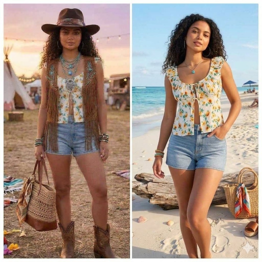 Women M Crop Milkmaid/Babydoll Floral Top Festival Beach Boho Prairie Hippie Y2K